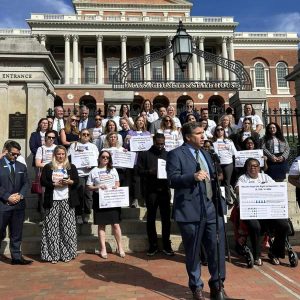 Senator Sal DiDomenico speaking at the Mass Reads coalition rally on the State House steps.