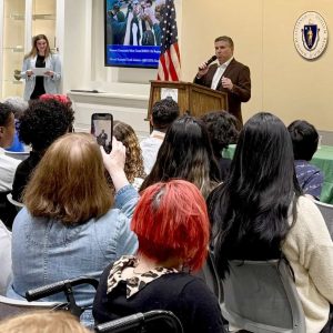 Senator Sal DiDomenico speaking at the Community Safety grants event in the State House.