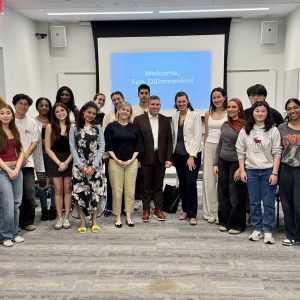 Senator Sal DiDomenico (middle) and his Chief of Staff, Christie Getto Young (left of Senator DiDomenico), with the Boston University class and their professor, Jamie Klufts (right of Senator DiDomenico).