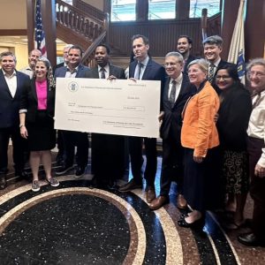 State Senator Sal DiDomenico with HUD officials, MAPC leaders, Congressman Jake Auchincloss, State Representative Marjorie Decker, Everett Mayor Carlo DeMaria, Cambridge City Manager Yi-An Huang and Cambridge City Councillors Sumbul Siddiqui, Patty Nolan and Jivan Sobrinho-Wheeler.