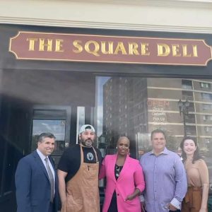 Senator Sal DiDomenico with The Square Deli owner, Congresswoman Ayanna Pressley, Mayor Carlo DeMaria and Councillor-at-Large Katy Rogers. (Courtesy photo)