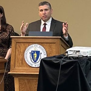 State Senator Sal DiDomenico addresses the attendees at the 5-year anniversary of his school meals legislation. (Courtesy photo)