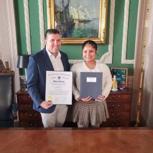 Senator Sal DiDomenico with Everett High School student Mia Allen at the State House. (Courtesy photo)