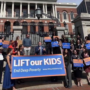 Senator Sal DiDomenico speaking on the State House steps at the Lift Our Kids coalition rally.