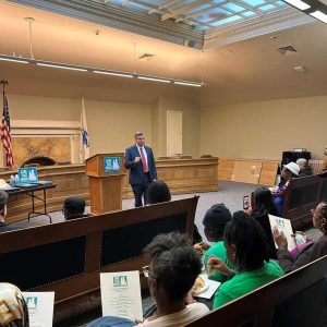 Senator Sal DiDomenico speaking to advocates for his childcare bill at the State House. (Courtesy photo)