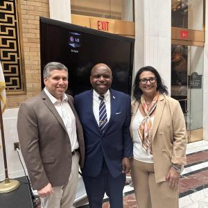 State Senator Sal DiDomenico, Massachusetts Commission for the Deaf and Hard of Hearing Commissioner Dr. Opeoluwa Sotonwa (middle) and MCDHH Statewide Advisory Council Chair Michelle Motta Dardeno (right). (Courtesy Photo)