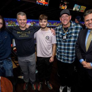 STRIKING OUT ADDICTION: Malden Overcoming Addiction hosted their first Bowl-a-Thon Benefit at Town Line Luxury Lanes recently to raise money for addiction and recovery support services. Shown teaming up in a photo were, from left, Sean, Ron, Mathew, Paul Hammersley and Mayor Gary Christenson. See more photo highlights at: www.Facebook.com/advocate.news.ma
 (Photo courtesy of MOA)