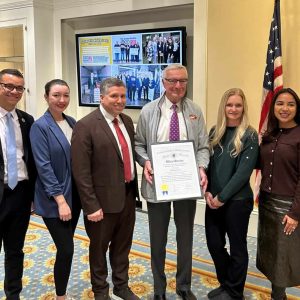State Senator Sal DiDomenico with Teddie Peanut Butter former President/CEO Mark Hintlian (third from right), State Representative Judith Garcia (far right), Everett Councillor-at-Large Katy Rogers (second from left) and Everett Ward 5 School Committee Member Marcony Almeida Barros (far left).