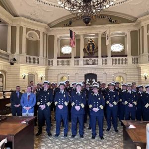 State Senator Sal DiDomenico with Fire Chiefs and Senator Patrick O’Connor on the Senate floor.