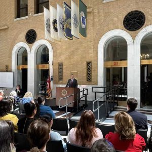 Senator Sal DiDomenico speaking at the Early Intervention event in the State House’s Great Hall.