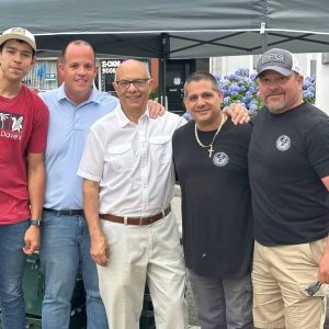 Former members of the Everett city council gathered at the recent Pop-Up Farmer’s Market in Everett Square. Shoen from left to right, are; Dave, owner of Farmer Dave’s, former City Councillor Micheal McLaughlin, former City Councillor Al Lattanzi, Jason LaMonica, and Anthony Ferrante.