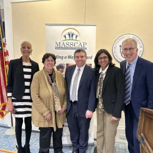 Shown from right to left: CAPIC Executive Director Richelle Cromwell, CEOC Executive Director Tina Alu, State Senator Sal DiDomenico, ABCD President/CEO Sharon Scott-Chandler and MASSCAP Executive Director Joe Diamond.