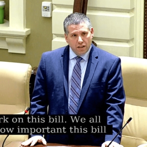 Senator Sal DiDomenico speaks on his Amendment. (Courtesy photo)