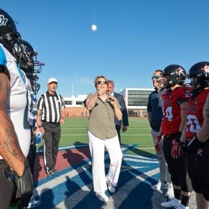 Governor Maura Healey gives the coin toss before the start of the Boston Renegades football game at Harry Della Russo Stadium last Saturday.