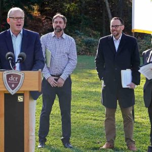 Photo by Ryan Hutton
From left, state Senator Jason Lewis, Chris Redfern, Executive Director Friends of the Middlesex Fells, DCR Commissioner Brian Arrigo, state Representative Paul Donato, and Friends of the Fells Board Chair Sandra Pascal.