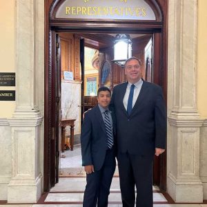 State Representative Jeffrey Rosario Turco (D. Winthrop) and his summer intern, Adam Ashour, are shown outside the Massachusetts House Chamber. Adam is a Revere High School junior who has excelled in learning the areas of political science and law during his time at the State House.