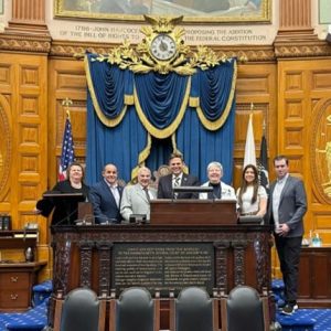 Pictured: Malden 375th Committee Members with the State Delegation (from left): Dora St. Martin, Library Director; State Representatives Steve Ultrino and Paul Donato; Mayor Gary Christenson, Linda Thorsen, Elaina Savino and Mark Linehan (Courtesy Photo)