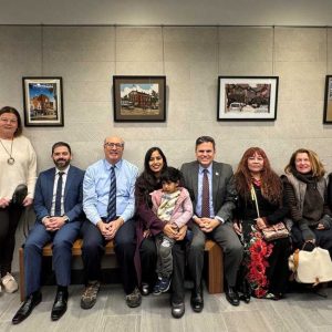 Pictured from left to right: Creative Malden artist/photographer Sandy Felder; Ward 5 Councillor Ari Taylor; Ward 1 Councillor Peg Crowe; City Council President Ryan O’Malley (Ward 4); Ward 6 Councillor Steve Winslow; graphic artist Priyanka Vasagam (1857 City Hall); Mayor Gary Christenson; embroidery artist Anna Thai (1970 City Hall); graphic artist Busha Husak (Malden logo); Councillor-at-Large Karen Colón Hayes; Ward 3 Councillor Amanda Linehan; and Councillor-at-Large Carey McDonald.