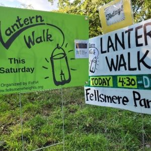 Lantern Walk signs at the Savin Street entrance to Fellsmere Park