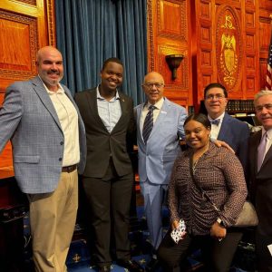 On April 25, 2025, in the Chamber of the House of Representatives at the Massachusetts State House, Trevon Carrington accepted the Honorable Speaker George Keverian Public Service Scholarship at the 110th Anniversary Commemoration of the Armenian Genocide. Pictured from left to right are EHS Principal Dennis Lynch, Trevon Carrington, Alfred Lattanzi of the Keverian Scholarship Committee, Tiana Carrington, George Keverian of the Keverian Scholarship Committee and State Rep. Joe McGonagle. (Courtesy photo)