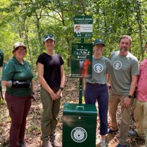 The Pet Waste Station installation in July 2025 at Bellevue Pond in the Middlesex Fells Reservation.