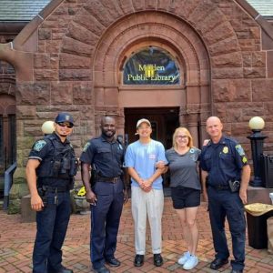 Members of MPD support the Friends of the Malden Public Library. Pictured are Officer R. Melgar, Detective M. Montina, Friends of the MPL Co-VP H. Nguyen, Friends of the MPL President Mary Ellen O’Meara and Sergeant JP Kelley.