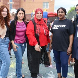 Family Day Planning Committee members, pictured from left to right: Rhiannon Alter, Viviana Catano, Asmaa Abou-Fouda, Fatou Drammeh and Chaimaa Hossaini during Saturday’s Family Picnic Day at the Susan B. Anthony Middle School Field and Park.