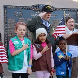 Girl Scout Troop 83954 led the Pledge of Allegiance. Shown from left to right: Back row: Violet Page, Maya Yung, Aubrey Cunningham, Mary Gage, Mallory Zips and Haylee Baker; front row: Thea Kane, Audrey Richardson, Eden Falaise and Trudy Shiner.