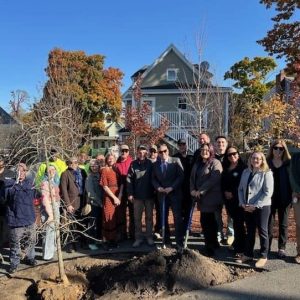 Pictured from left to right: Front row: Councillor-at-Large Carey McDonald (fourth from left), Ward 8 School Committee member Sharyn Rose-Zeiberg, State Representative Kate Lipper-Garabedian, Tree Warden Chris Rosa, Mayor Gary Christenson, Ward 5 Councillor Ari Taylor, Councillor-at-Large Karen Colón Hayes and Ward 3 Councillor Amanda Linehan and former Ward 5 Councillor Barbara Murphy. (Courtesy photo)