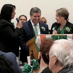 State Senator Sal DiDomenico is shown sharing a laugh with Governor Maura Healey and Lieutenant Governor Kim Driscoll during last year’s St. Patrick’s Day Roast at the Bunker Hill Knights of Columbus in Charlestown.