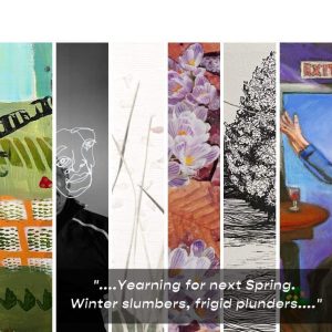 Details from six of the images in the “Lines Connecting Lines” exhibit and a poem excerpt. The exhibit features 13 local poets and 18 artists who have created artwork in response to a selected poem. The poetry and artwork hang sided by side in this special exhibit celebrating both art forms.