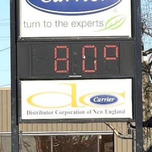 RECORD 80 DEGREES TUESDAY! The iconic Carrier sign on Route 60/Eastern Avenue in Malden displayed a record for March in Malden, 80 degrees on Tuesday. (Advocate Photo)