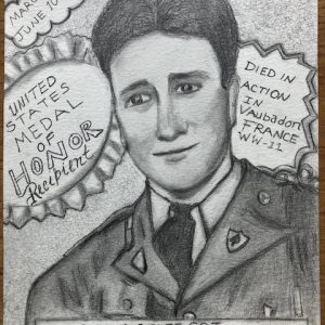 REMEMBERING A HERO: This sketch is of Arthur Frederick DeFranzo (March 20, 1919–June 10, 1944), who served with the U.S. Army as a Staff Sergeant. He was a recipient of the U.S. Military’s highest decoration – The Medal of Honor – for his courageous actions in World War II. Arthur died a hero in action in Vaubadon, France. Saugus VFW Post 2346 Is named after him. (Sketch by Joanie Allbee)