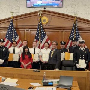 On Monday, February 9, the City Council commended Lieutenant Michael Forte, Firefighters George Levasseur and Garret McMahon of Revere Engine 5 and Revere Police Officers Daniel Redding and Jagger DiCenso and Cataldo EMS Paramedics Kathan Ramnath and Josef Holmes and EMTs Rose Morgan and Nolan Stimpson for their outstanding interagency collaboration and shared commitment to public safety. (Photo courtesy Revere Fire Dept. Facebook page)