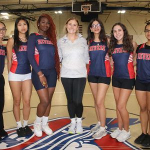 TEAM LEADERS : Lady Patriot Captains, shown from left to right: Hiba El Bzyouy, Liv Yuong, Francoise Kodjo, Coach Racquel MacDonald-Ciambelli, Manal Hazimeh, Ava Cassinello and Daniela Santana Baez at Revere High School on Tuesday afternoon. Not pictured: Ashley Cabrera Rodriguez.