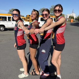 Revere’s 4x100-meter relay team of, left to right, Ziz Kalliavas, Isabella Marin Isaza, Gemma Stamatopoulos and Dayana Ortega.
