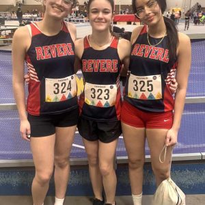 Revere girls track: Shown from left to right, Lady Pats tracksters Dayana Ortega, Zizi Kalliavas and Basma Sahibi.