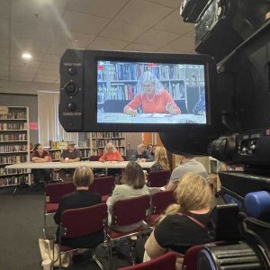 SHARING THEIR VIEWS: Precinct 6 Town Meeting members last year during a filming of “Saugus Over Coffee” – cosponsored by The Saugus Advocate and the Saugus Public Library – which was part of a 10-part series that aired on SaugusTV. (Courtesy photo of SaugusTV)