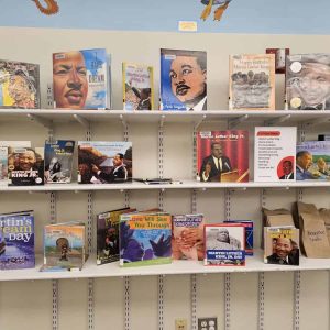 SOME HOLIDAY READING MATERIAL: The Saugus Public Library honored the memory of Martin Luther King, Jr. this week with a display in the children’s reading area that featured two dozen books about the late civil rights leader. The library will be closed Monday in observance of Martin Luther King, Jr. Day. But there’s still plenty of time for Saugus children to read about the life and times of Dr. King. (Saugus Advocate photo by Mark E. Vogler)