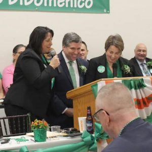 Sen. Sal DiDomenico shared a laugh with Gov. Maura Healey and Lt. Gov. Kim Driscoll during last year’s Annual DiDomenico Foundation St. Patrick’s Day Celebration and Roast. (Courtesy photo)