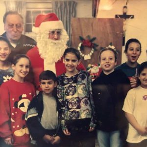 Christmas in Edgeworth circa 1995: Father Puccini with some Edgeworth kids – Michelle Cagno, Dorothy Levine, Lauren Barahona, Gina & Lee Ann (?) Scibelli, Toni Scibelli, Lauren Cirino, and more – at the Saint Peter’s Christmas Fair. Special guest Santa, Joe Levine! (Helen Levine photo)