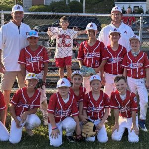 The 2025 Saugus Little League 10-year-old all-stars made it all the way to the District 16 championship game, before being eliminated by Lynnfield on July 5. They are, from left, second row, head coach Craig Smith, Xander Martinez, Ryan LaCorcia, Jovan Basta, assistant coach Travis Keohane, Cody Keohane, Riley Renfrew and assistant coach Alex Renfrew. Front row, Grayson Solomon, Tony Smith, Jack Freeling, Jack Brown, Braedon Reynolds and Ben O’Connell. Missing from photo, Shane McBrine. (Courtesy photo)