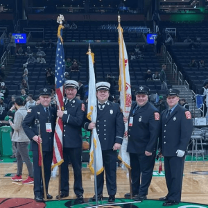 Saugus Firefighters presented the colors last week (Jan. 10) at the TD Garden before the NBA’s Eastern Conference–leading Boston Celtics took to the court to beat the Minnesota Timberwolves, 127-120, in a classic overtime game. (Courtesy photo to The Saugus Advocate)