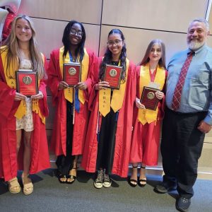 Saugus High’s top four student honorees stood with Schools Superintendent Michael Hashem after Wednesday’s Scholarship and Academic/Service Awards night. Pictured from left to right are Class President Jessica Marianne Bremberg, fourth; Sarah Lande Dorielan, the Valedictorian, first; Kathryn Coelho DeSouza, class marshal and third; Gabriella Lucia Huber, the Salutatorian, second. (Saugus Advocate photo by Mark E. Vogler)