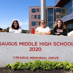 Saugus Middle-High School Administration, pictured from left to right: Middle School Associate Principal David Micu, Middle School Assistant Principal Michelle Dwyer, High School Assistant Principal Victoria Colaianni, Middle School Assistant Principal Jacqui Alongi and Saugus Middle High School Principal Dr. Carla Scuzzarella. (Saugus Advocate photo by Tara Vocino)