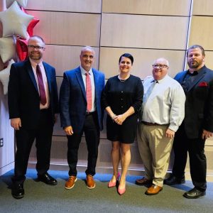 Saugus School Committee members: Left to right: Ryan Fisher, Chair Vincent Serino, Stephanie Mastrocola, John Hatch and Thomas Whittredge. (Saugus Advocate file photo)