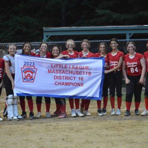 Massachusetts District 16 Softball Little league Champions, pictured from left to right:
Ava Caron, Jenna O’Donnell, Hannah Strout, Alannah Duong, Angelina Dow, Aubrey Demonte, Julia Strout, Mia Shawdee, Teaghan Arsenault, Sofia McCarrier, Mia Ward, Rose Pietrzak, Layla Demonte. (Photo credit: Danica Schena)