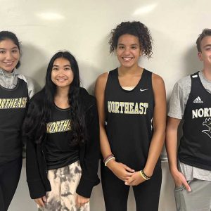 Some of the Saugus runners for the Northeast Metro Tech cross-country team, pictured from left to right: Bodour Belayachi, Annabella Tum, Farah Belayachi and Kason Imbrogna. (Courtesy photo)