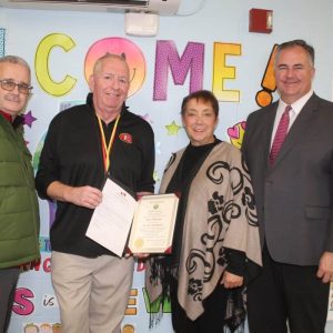 Shown from left to right: Ward 4 School Committee Member/Chairperson Michael Mangan, awardee Nick Nuzzo, Ward 1 School Committee Member Millie Cardello and Webster School Principal Christopher Barrett.
