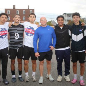 Shown from left to right: seniors Samuel Posada, Rogerio Filho and Juan Chavarria, Ward 1 Councillor candidate John Stamatopoulos and seniors Latrell Ashby and JV Cunha. (Advocate photos by Tara Vocino)